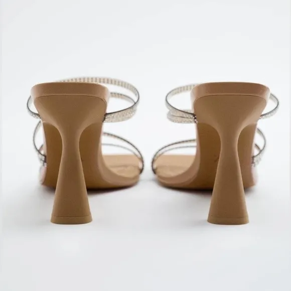 NWT. Zara Beige Rhinestones Details Squared Toe Sandals. Size 9