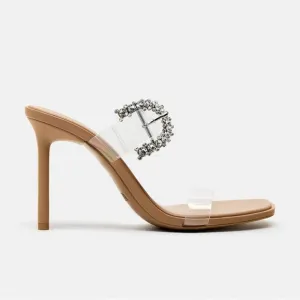 NWT. Zara Light Beige Vinyl Sandals with Rhinestones Buckle Straps. Size 7,5.