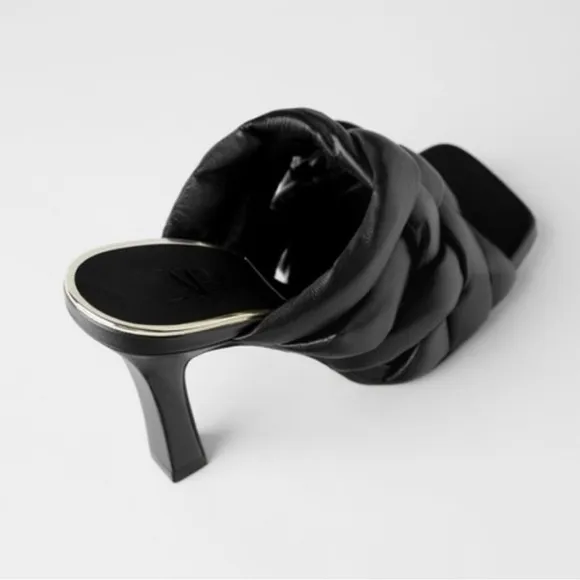 NWT Zara Padded Puffy Woven Square Toe Black Leather Mules Heels Shoe Sandals 36