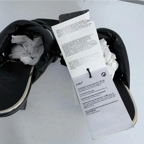 NWT Zara Padded Puffy Woven Square Toe Black Leather Mules Heels Shoe Sandals 36