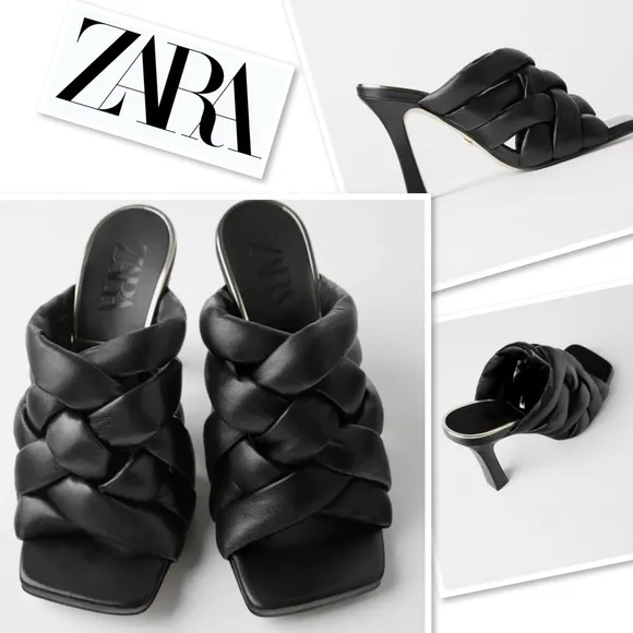 NWT Zara Padded Puffy Woven Square Toe Black Leather Mules Heels Shoe Sandals 36