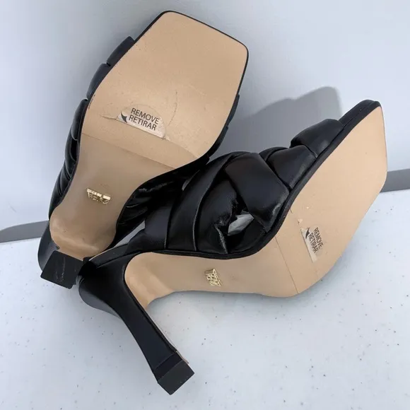 NWT Zara Padded Puffy Woven Square Toe Black Leather Mules Heels Shoe Sandals 36