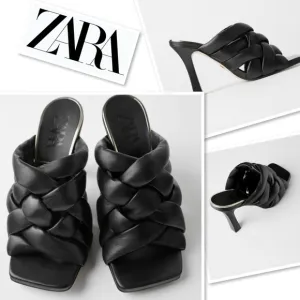 NWT Zara Padded Puffy Woven Square Toe Black Leather Mules Heels Shoe Sandals 36