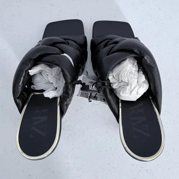 NWT Zara Padded Puffy Woven Square Toe Black Leather Mules Heels Shoe Sandals 36