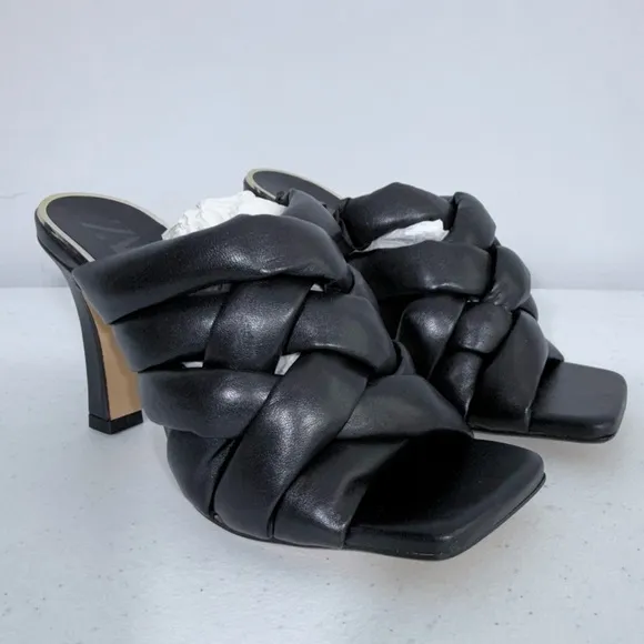 NWT Zara Padded Puffy Woven Square Toe Black Leather Mules Heels Shoe Sandals 36