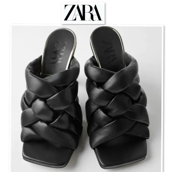NWT Zara Padded Puffy Woven Square Toe Black Leather Mules Heels Shoe Sandals 36