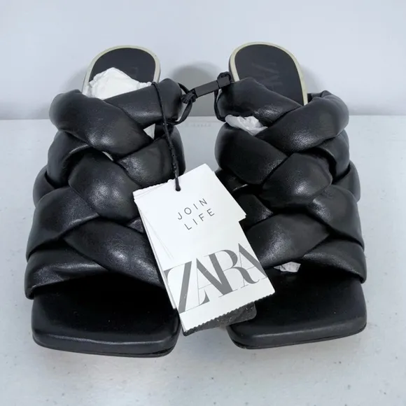 NWT Zara Padded Puffy Woven Square Toe Black Leather Mules Heels Shoe Sandals 36