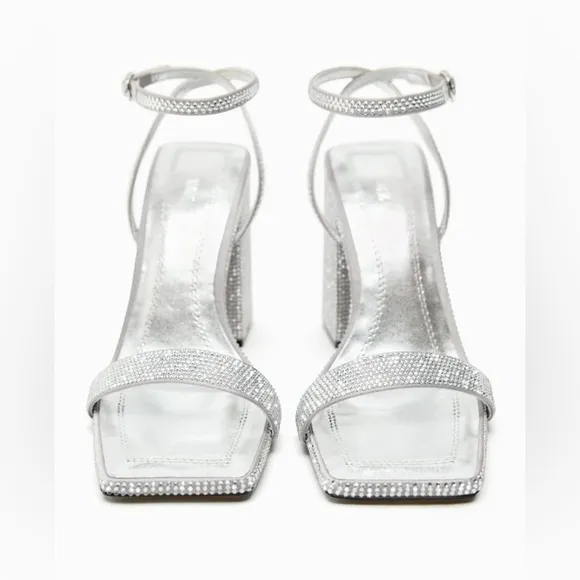 NWT. Zara Rhinestones Block Heel Fabric Sandals. Size 6,5.