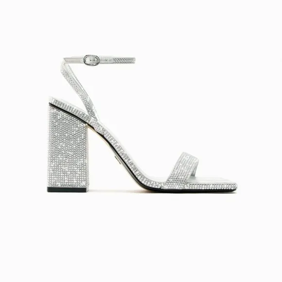NWT. Zara Rhinestones Block Heel Fabric Sandals. Size 6,5.