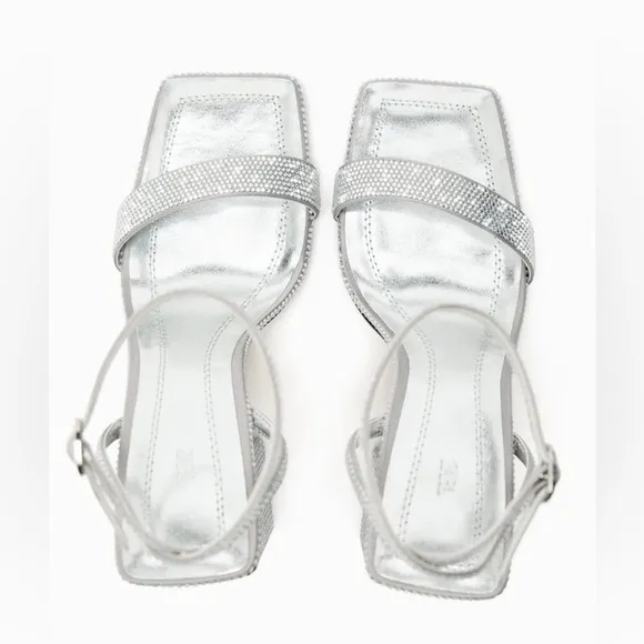 NWT. Zara Rhinestones Block Heel Fabric Sandals. Size 6,5.