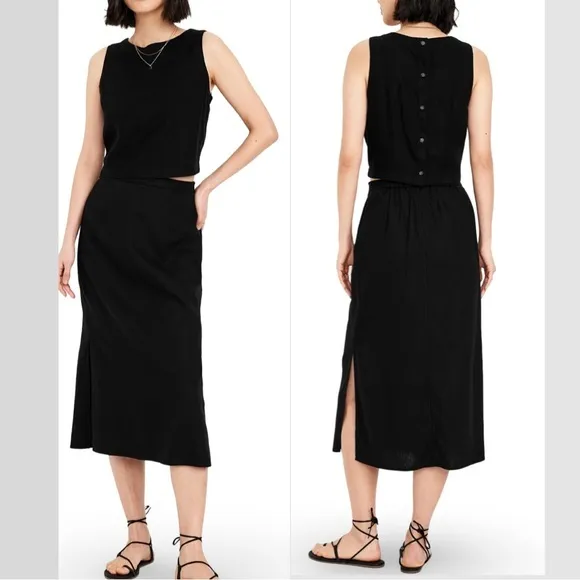 NWTS💓GAP OLD NAVY LG💓BLACK LINEN BUNDLE BACK BUTTON TOP MIDI SKIRT W SIDE SLIT