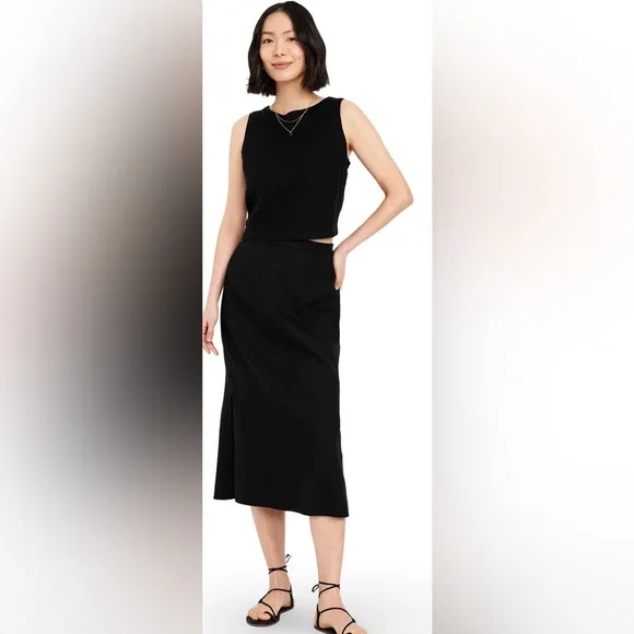 NWTS💓GAP OLD NAVY LG💓BLACK LINEN BUNDLE BACK BUTTON TOP MIDI SKIRT W SIDE SLIT