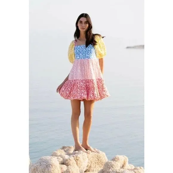 Oliphant NEW Bubble Skirt Puff‎ Sleeve Mini Dress in Canary Multi Women's Size M