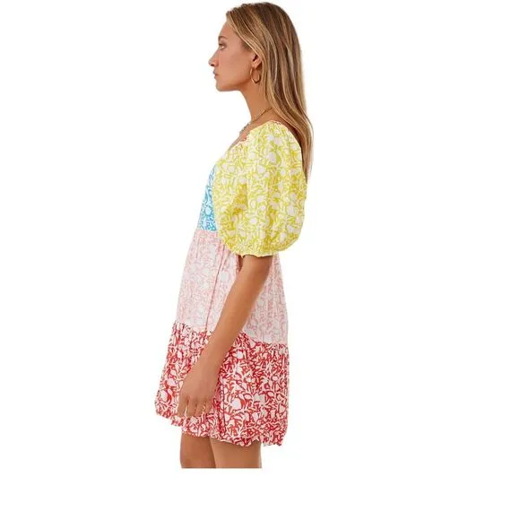 Oliphant NEW Bubble Skirt Puff‎ Sleeve Mini Dress in Canary Multi Women's Size M