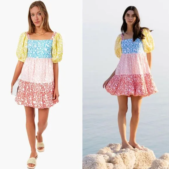 Oliphant NEW Bubble Skirt Puff‎ Sleeve Mini Dress in Canary Multi Women's Size M