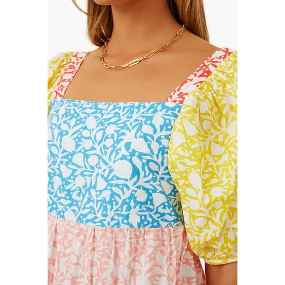 Oliphant NEW Bubble Skirt Puff‎ Sleeve Mini Dress in Canary Multi Women's Size M