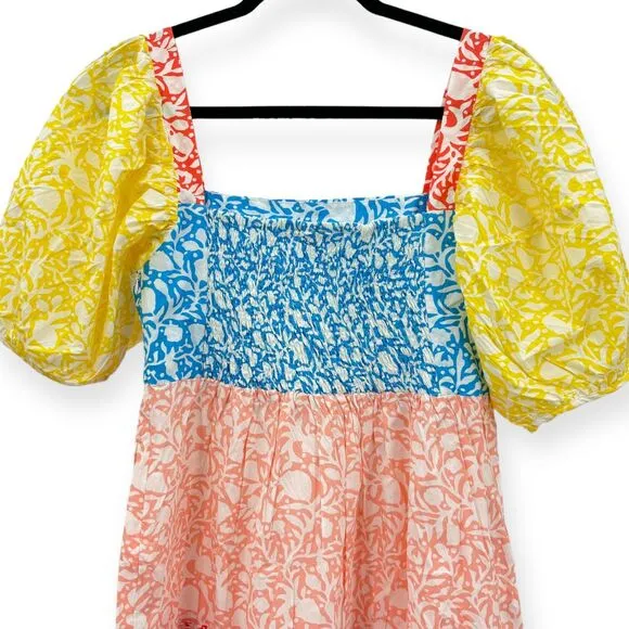 Oliphant NEW Bubble Skirt Puff‎ Sleeve Mini Dress in Canary Multi Women's Size M