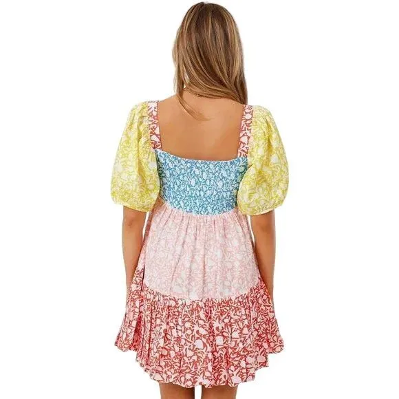 Oliphant NEW Bubble Skirt Puff‎ Sleeve Mini Dress in Canary Multi Women's Size M