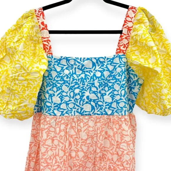 Oliphant NEW Bubble Skirt Puff‎ Sleeve Mini Dress in Canary Multi Women's Size M