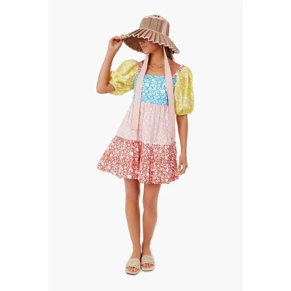 Oliphant NEW Bubble Skirt Puff‎ Sleeve Mini Dress in Canary Multi Women's Size M