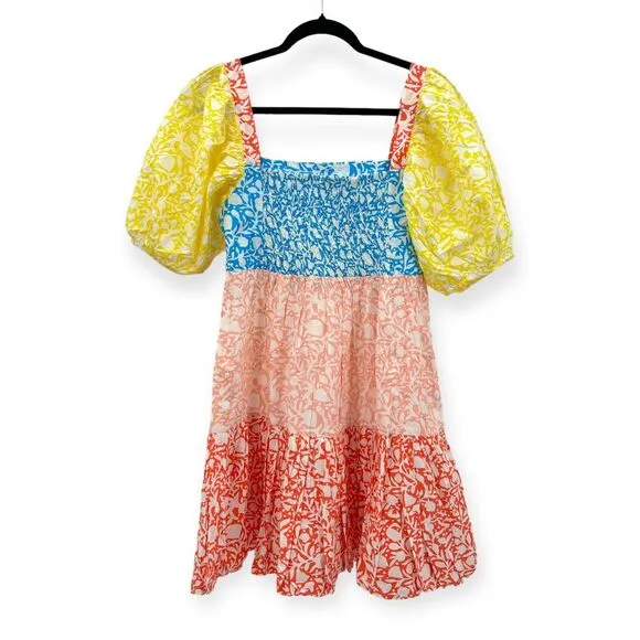 Oliphant NEW Bubble Skirt Puff‎ Sleeve Mini Dress in Canary Multi Women's Size M