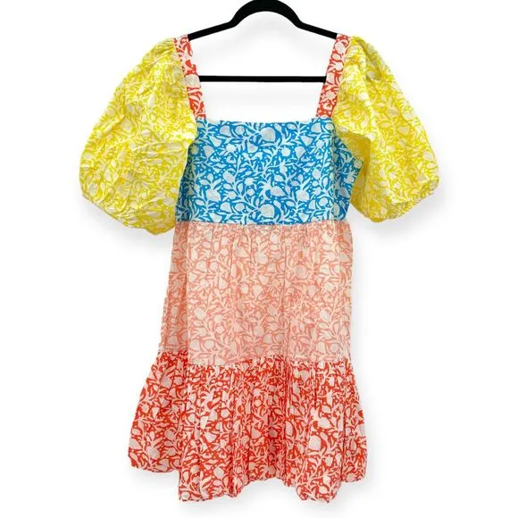 Oliphant NEW Bubble Skirt Puff‎ Sleeve Mini Dress in Canary Multi Women's Size M