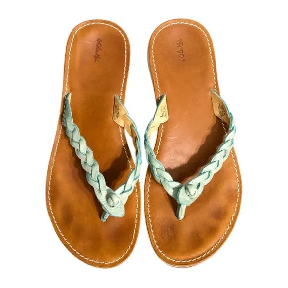 OluKai Kahiko Teal Braided Flip Flops Sandals, women’s size 7. Brown tan leather