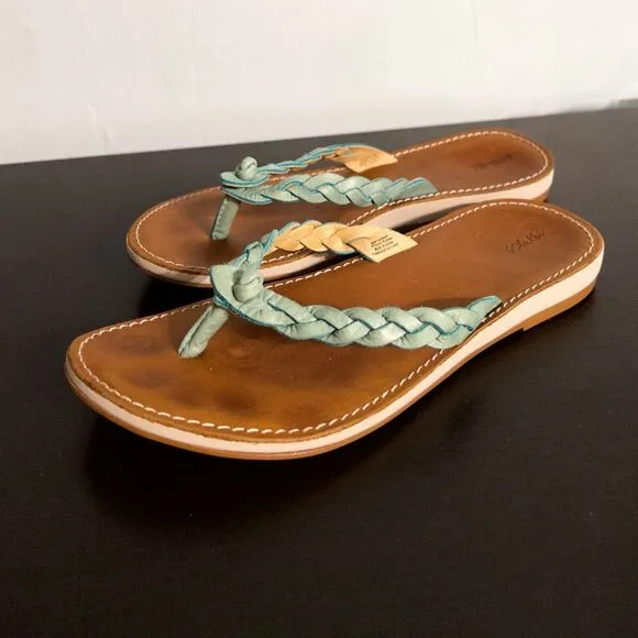 OluKai Kahiko Teal Braided Flip Flops Sandals, women’s size 7. Brown tan leather