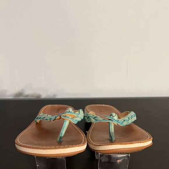 OluKai Kahiko Teal Braided Flip Flops Sandals, women’s size 7. Brown tan leather