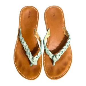 OluKai Kahiko Teal Braided Flip Flops Sandals, women’s size 7. Brown tan leather
