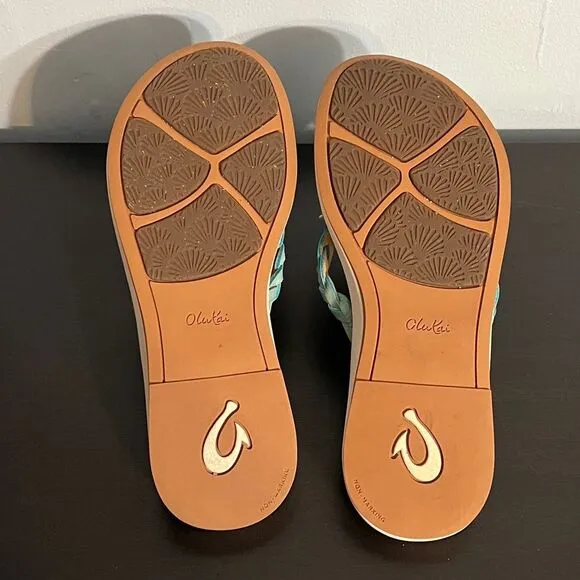 OluKai Kahiko Teal Braided Flip Flops Sandals, women’s size 7. Brown tan leather