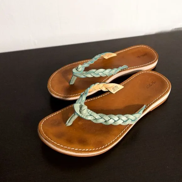 OluKai Kahiko Teal Braided Flip Flops Sandals, women’s size 7. Brown tan leather