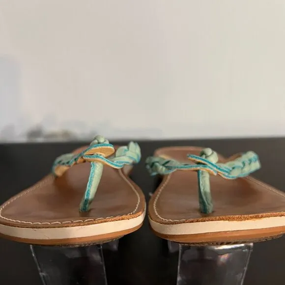 OluKai Kahiko Teal Braided Flip Flops Sandals, women’s size 7. Brown tan leather