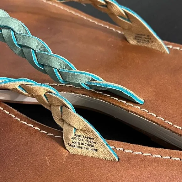 OluKai Kahiko Teal Braided Flip Flops Sandals, women’s size 7. Brown tan leather