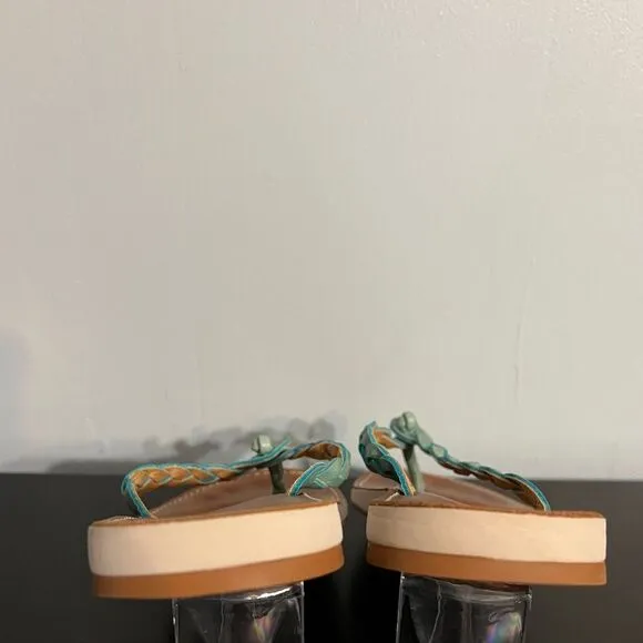 OluKai Kahiko Teal Braided Flip Flops Sandals, women’s size 7. Brown tan leather