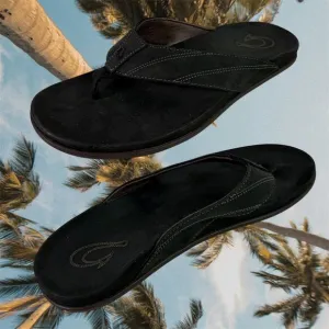 OluKai Men's 12 Black Pikoi Thong Flip Flop Sandals Leather Summer Beach Pool