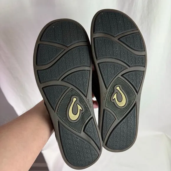 OluKai Men's 12 Black Pikoi Thong Flip Flop Sandals Leather Summer Beach Pool