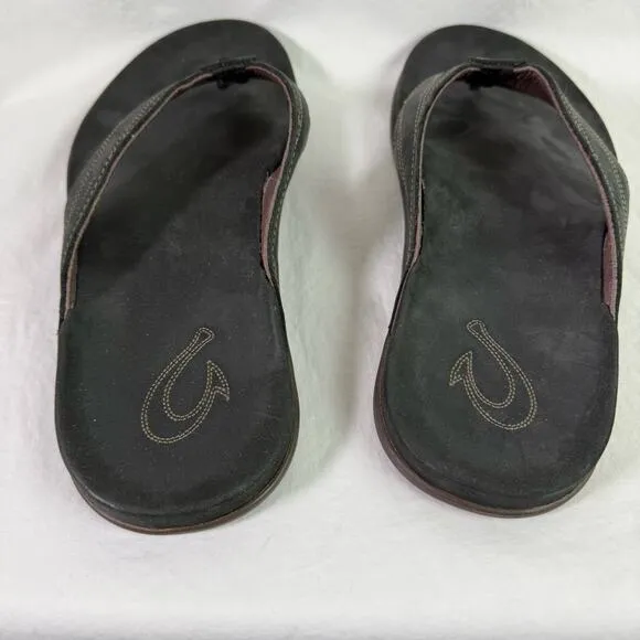 OluKai Men's 12 Black Pikoi Thong Flip Flop Sandals Leather Summer Beach Pool