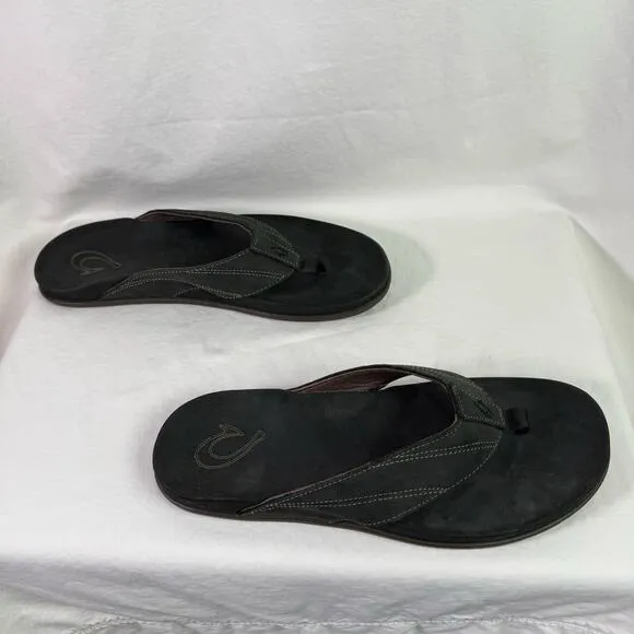 OluKai Men's 12 Black Pikoi Thong Flip Flop Sandals Leather Summer Beach Pool