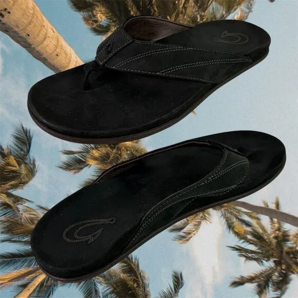 OluKai Men's 12 Black Pikoi Thong Flip Flop Sandals Leather Summer Beach Pool