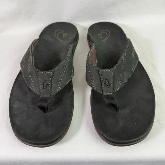 OluKai Men's 12 Black Pikoi Thong Flip Flop Sandals Leather Summer Beach Pool