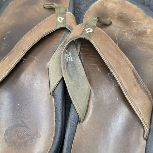 OLUKAI Ohana Brown Sz 12 M Men Leather Flip Flop Thong Sandals