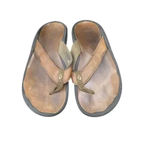 OLUKAI Ohana Brown Sz 12 M Men Leather Flip Flop Thong Sandals