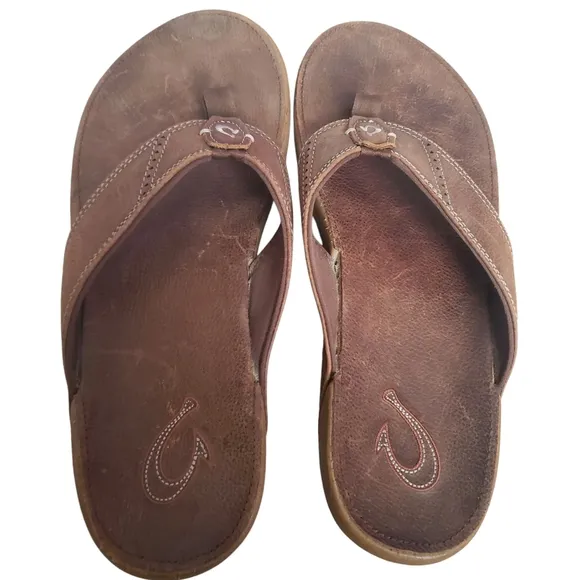 OluKai Sandals Men's Brown Rum Nui 11 Tommy Bahama Nubuck Leather Flip Flops