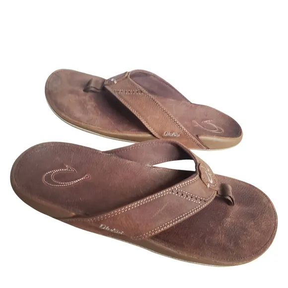 OluKai Sandals Men's Brown Rum Nui 11 Tommy Bahama Nubuck Leather Flip Flops