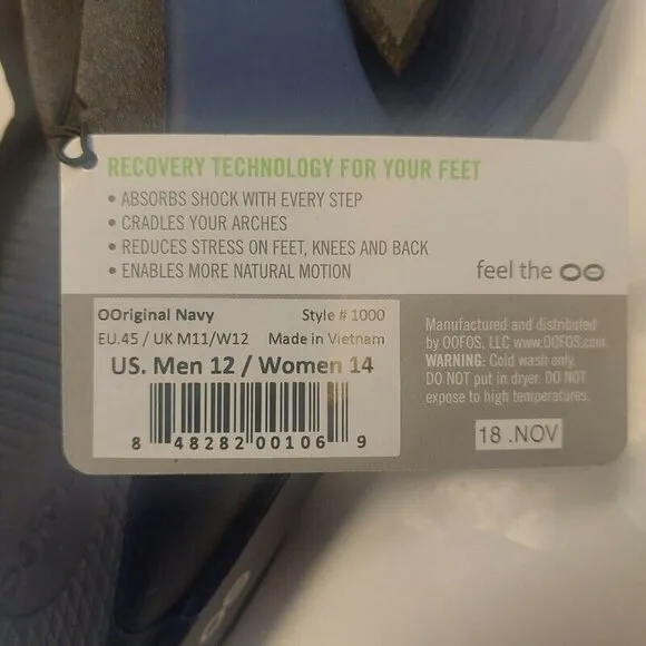 OOFOS Ooriginal Recovery Slide Pool Sandal Mens Size 12 Womens Size 14 Navy Blue