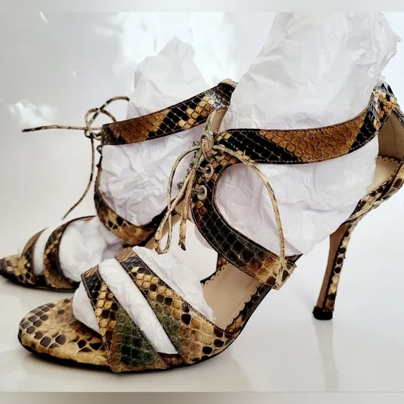 Oscar de la Renta Women's Luxury  Snakeskin Leather Heel Sandals IT38.5/US 8.5