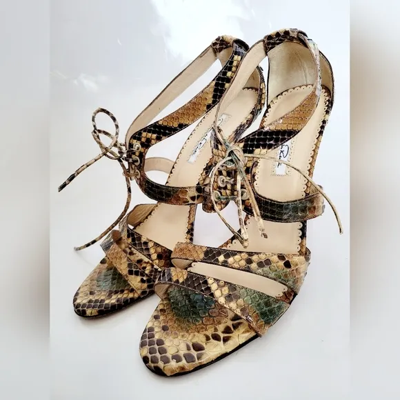 Oscar de la Renta Women's Luxury  Snakeskin Leather Heel Sandals IT38.5/US 8.5