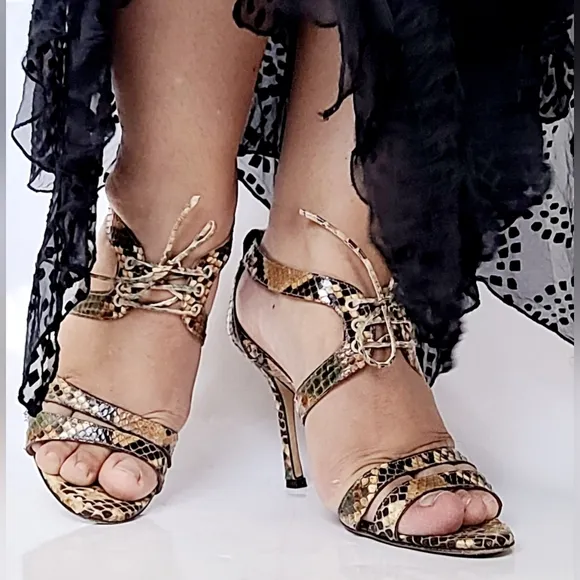 Oscar de la Renta Women's Luxury  Snakeskin Leather Heel Sandals IT38.5/US 8.5