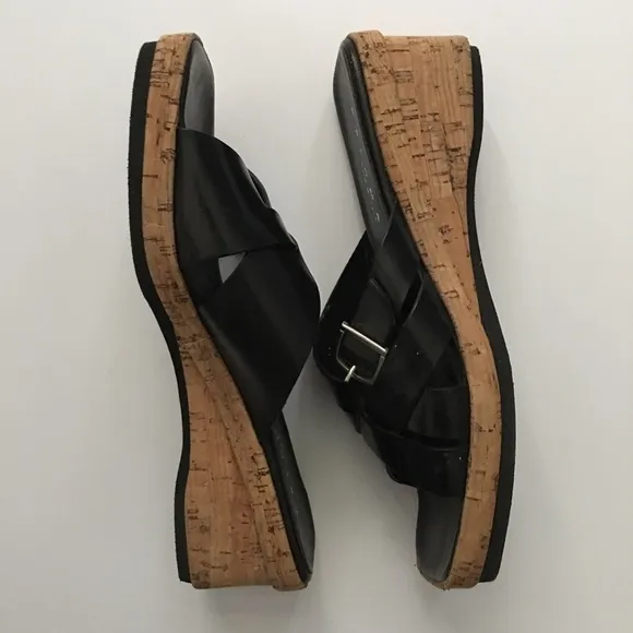 Paloma Black Leather Wedge Sandals Size 8